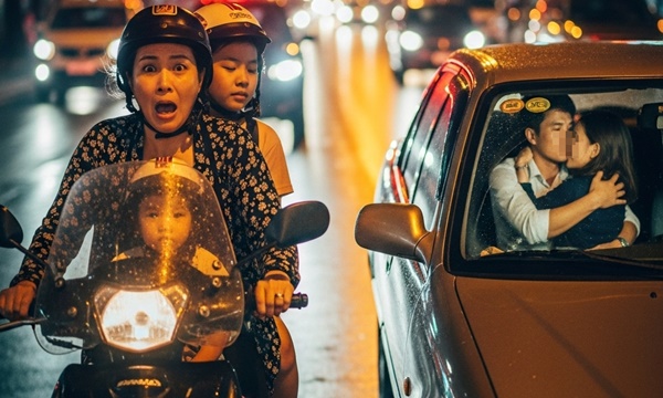 Vợ  đưa con đi học thêm buổi tối thì bất ngờ nhìn thấy chồng đang tì//nh tứ  1 người phụ nữ l//ạ trong ô tô