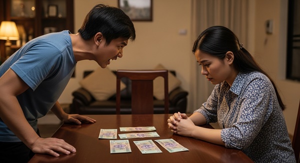 Chồng né::m xấp tiền 500 nghìn lên bàn bảo: “Đây 3 triệu tiền sinh hoạt phí tháng này, liệu mà tiêu, thiếu cô tự lo”