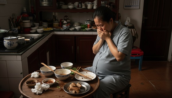 1 mình con dâu b::ầu 8 tháng nấu 3 mâm cỗ lúc mệt đi nghỉ, lúc ăn chỉ được nhà chồng phần miếng th:ịt mỡ dính bì đầy lô:ng